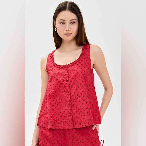 Damson Madder Mafalda Ruffle Neck Top in Red Cherry - Picture 1 of 9